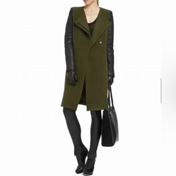 BCBG Max Azria military green Genova coat with black leather sleeves XS - Picture 2 of 6